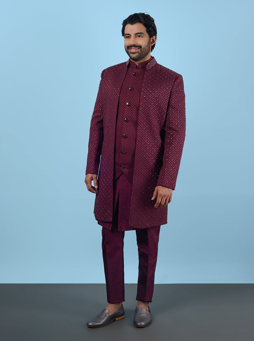 Shine in this Wine Indo-Western outfit, designed for fashion-conscious men seeking style and comfort in the USA.