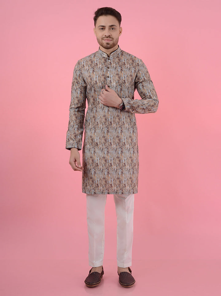 Experience comfort and charm with this stylish olive & brown kurta pajama, perfect for traditional ceremonies.