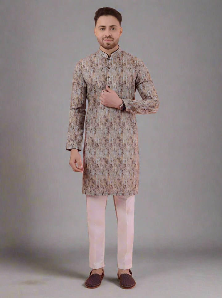 Stylish brown printed linen kurta pajama for men, ideal for traditional and festive occasions.