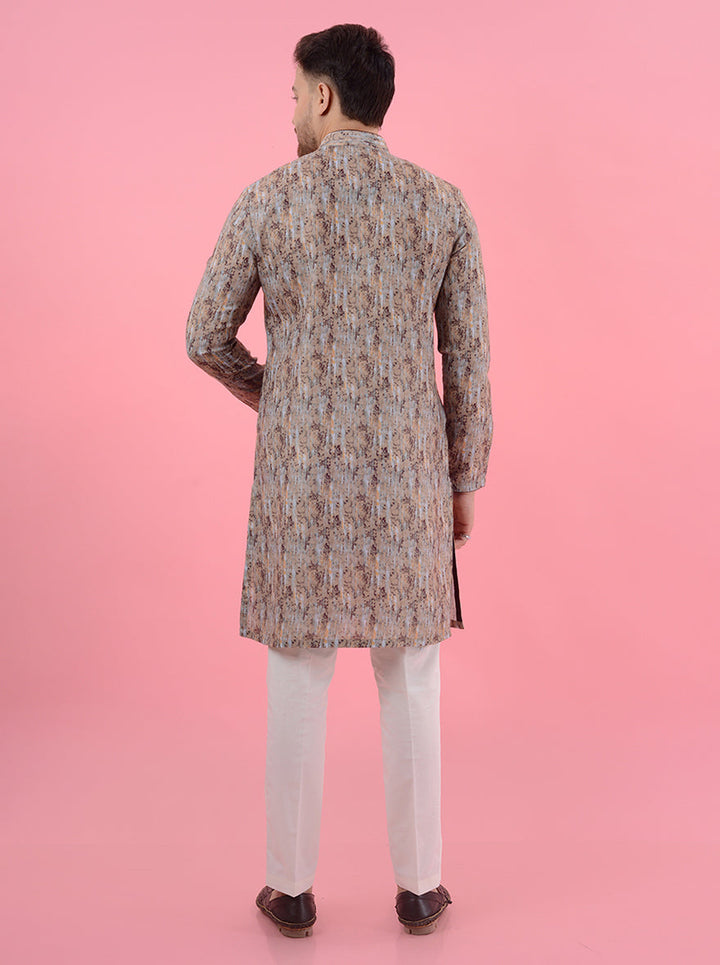 Elevate your ethnic wardrobe with this olive & brown kurta pajama, combining luxury and tradition effortlessly.