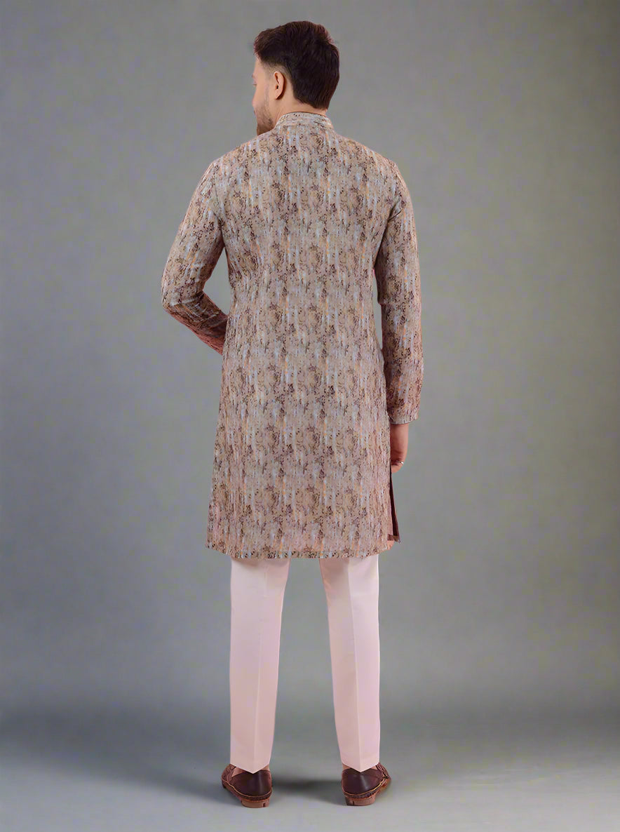 Brown printed kurta pajama for men, featuring a classic linen design perfect for cultural events.