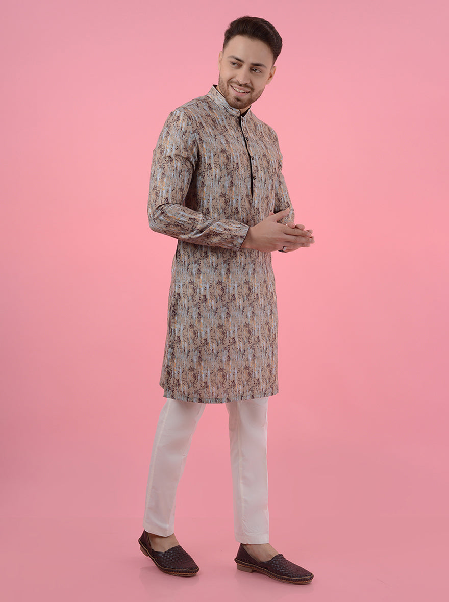 Traditional brown linen kurta pajama set for men, with a printed design for festive wear.