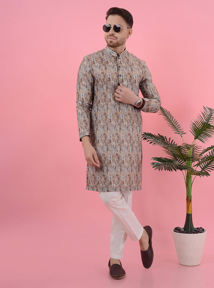 Men's brown printed kurta pajama, crafted from linen for a sophisticated ethnic look.