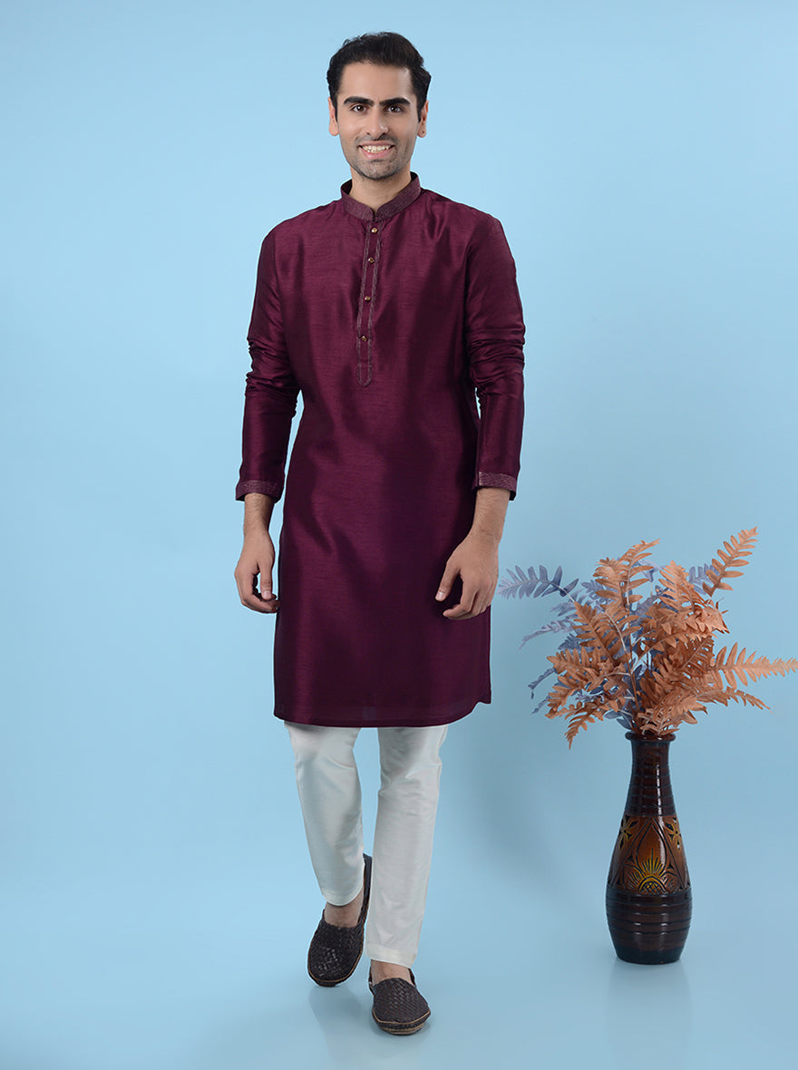 Wine color silk kurta set for USA men, luxurious and classic.