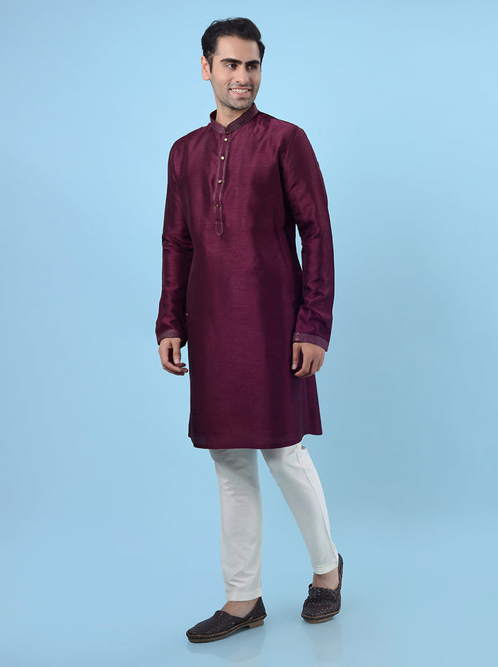 Elegant wine men’s kurta pajama, tailored for USA events.