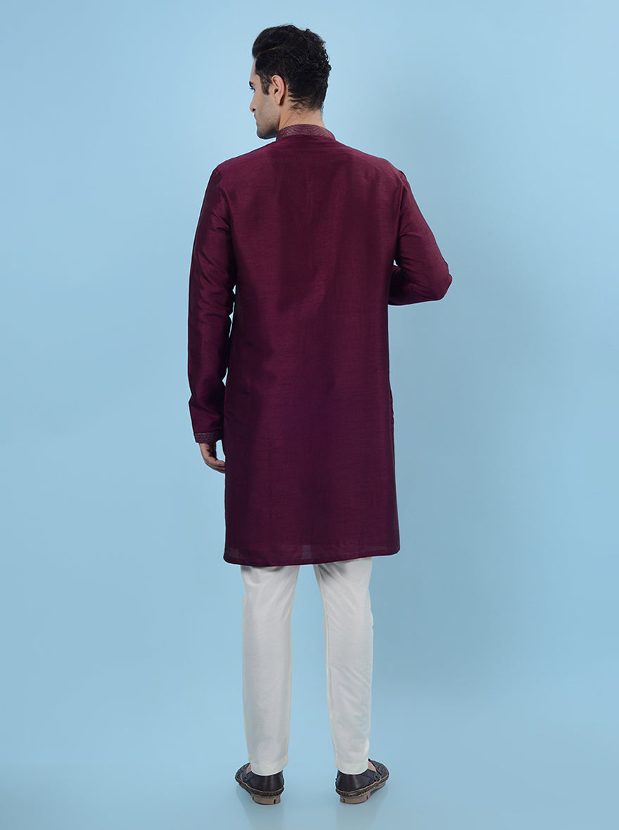 Silk wine kurta pajama set, ideal for USA men’s celebrations.