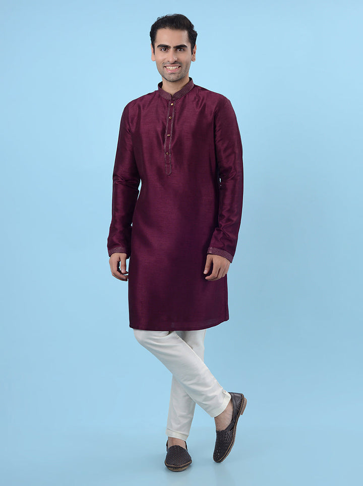 Elegant wine silk blend kurta pajama for men, perfect for cultural celebrations and festive occasions.