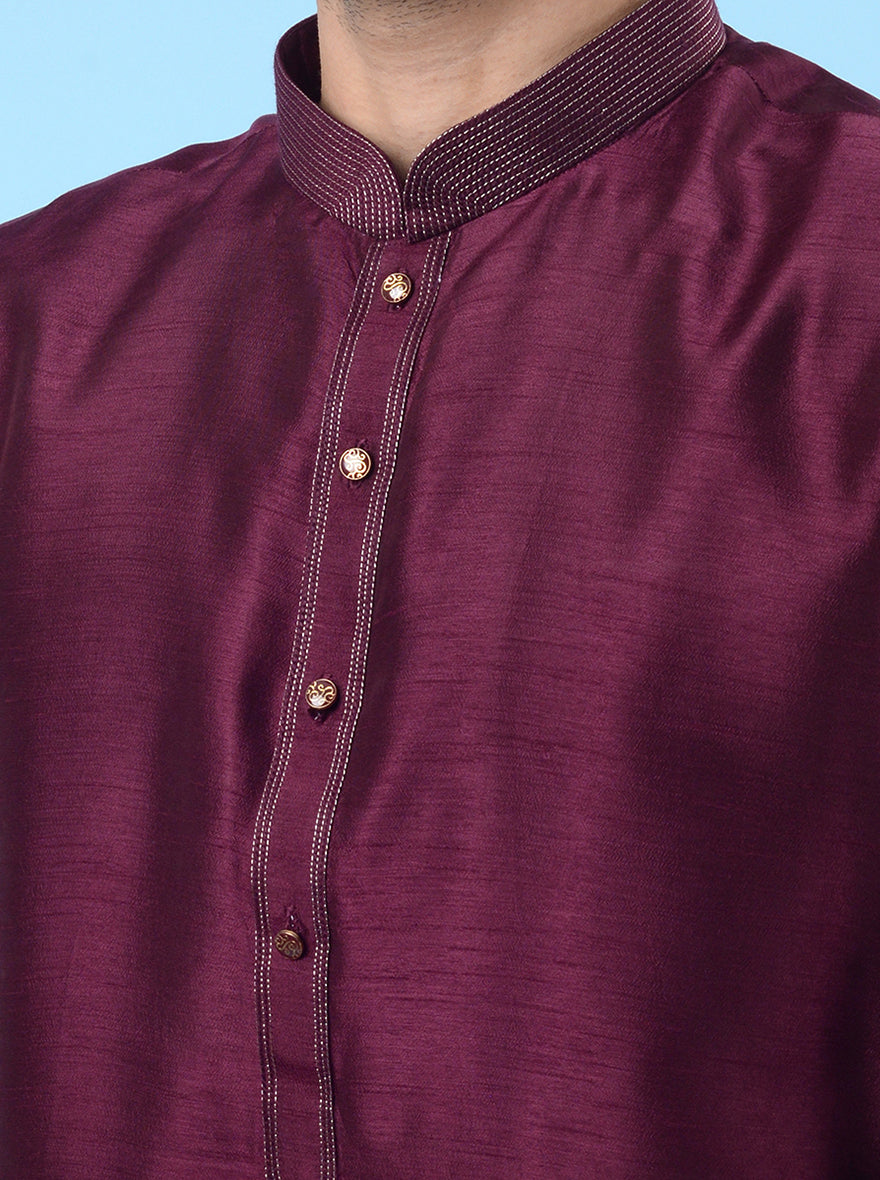 Men's wine silk blend kurta pajama set, featuring festive embroidery for a sophisticated ethnic style.