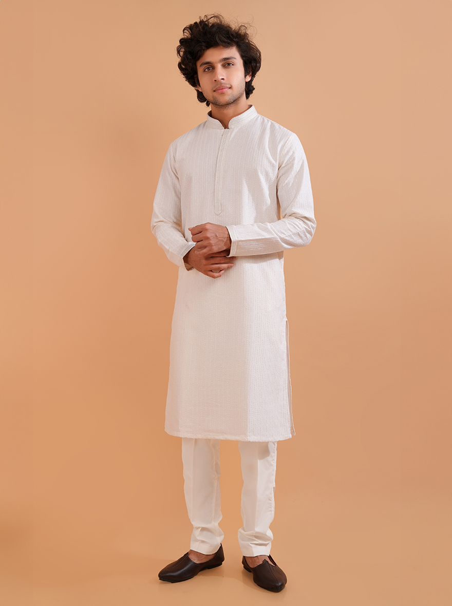 Cream silk embroidered kurta, tailored for USA men’s formal events.