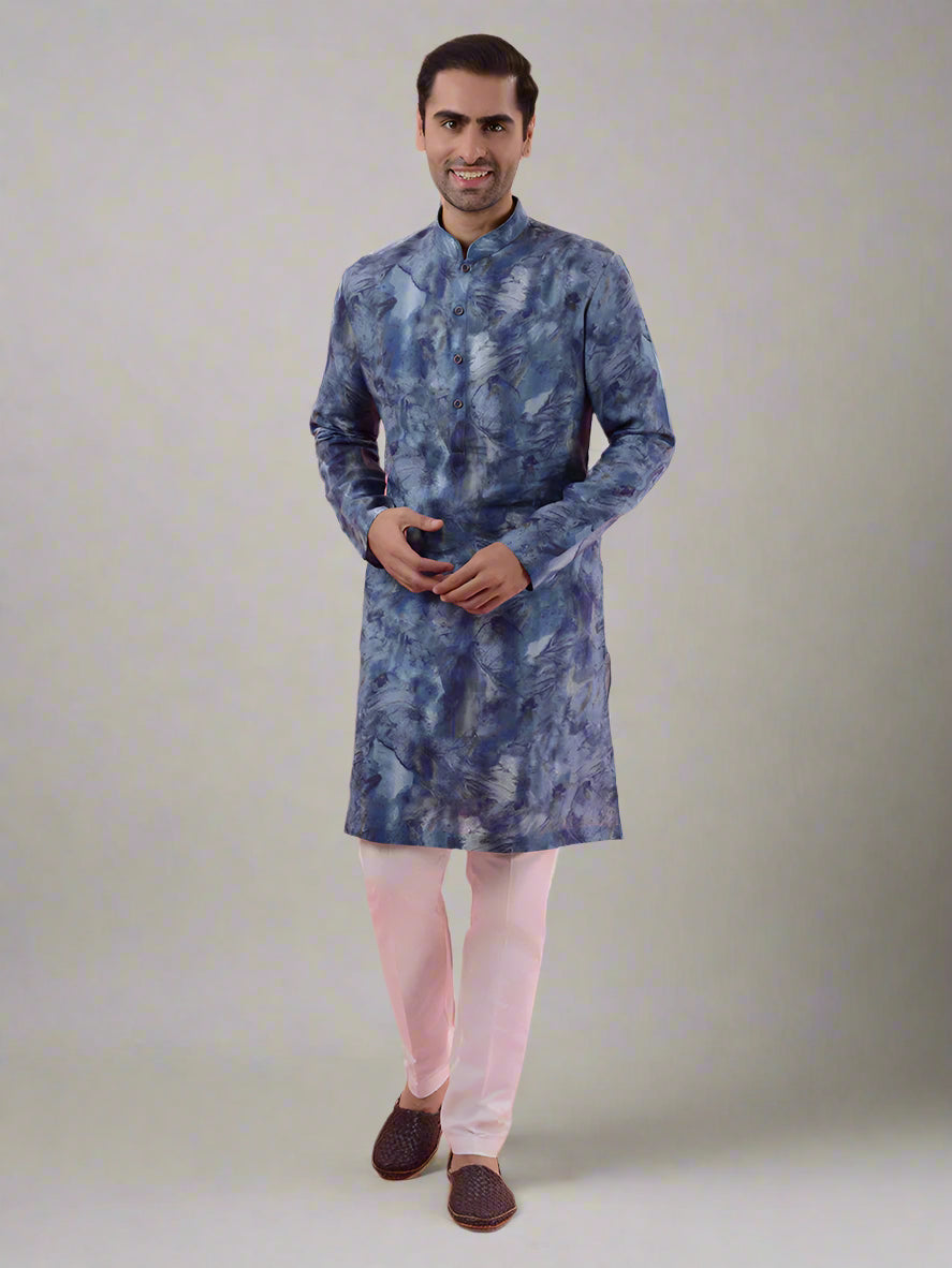 Men's blue linen kurta pajama, ideal for weddings, cultural events, and festive wear.