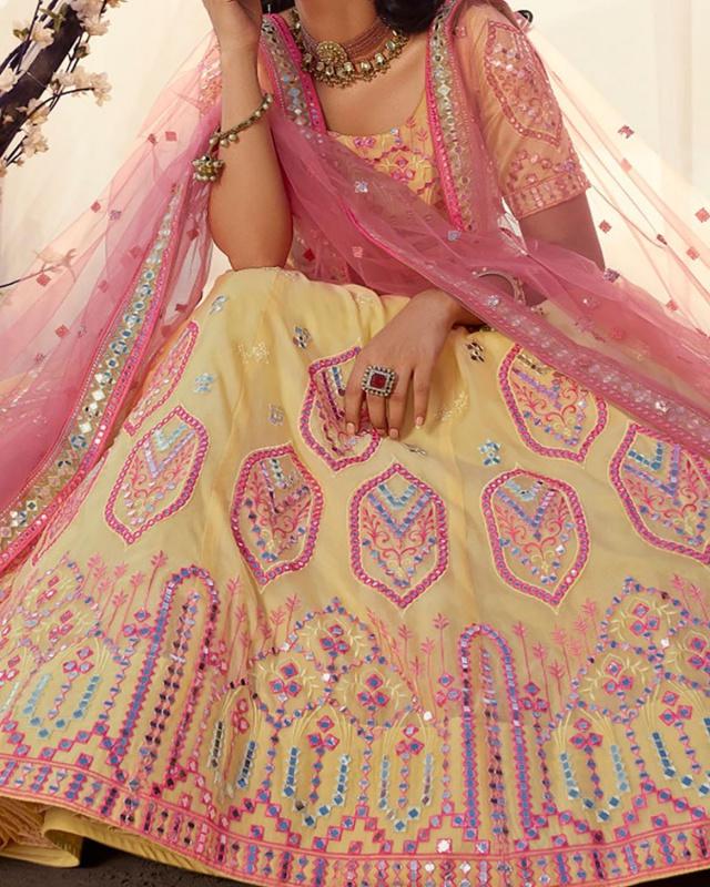 Light Yellow Organza Choli with Dupatta | Semi Stitched Mirror Work Lehenga