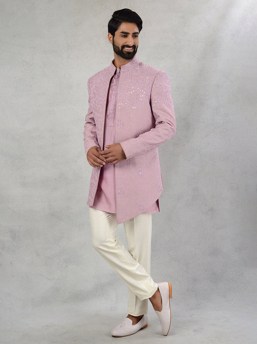 Step into sophistication with this Pink Silk Jacquard Indo Western for men, perfect for USA weddings and sangeets.