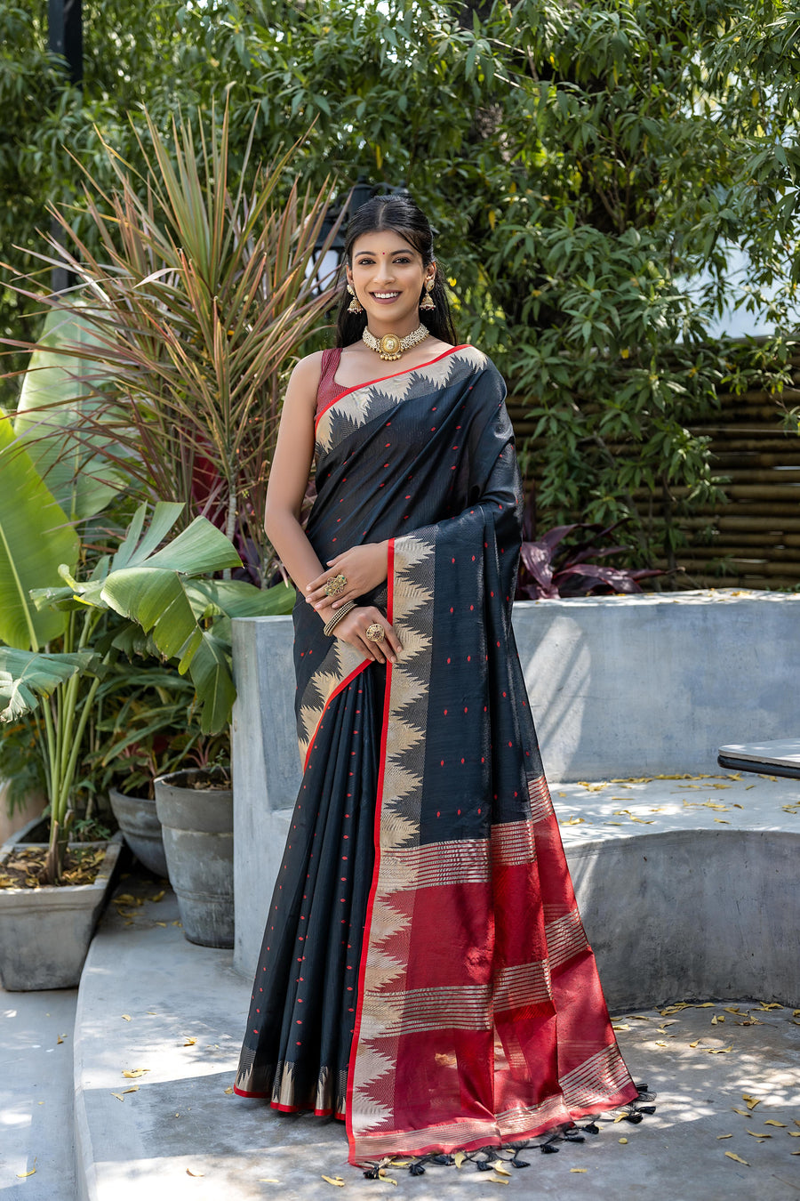 Semi Tussar silk saree with Bandhani-style butti weaves for USA weddings