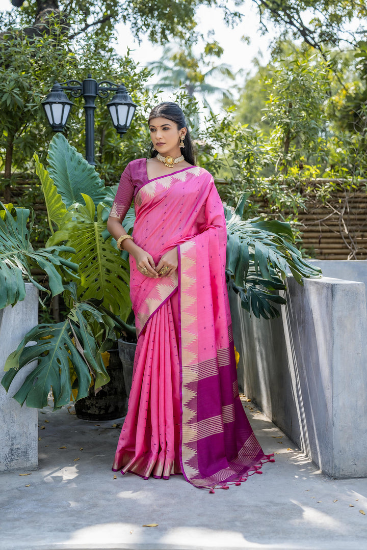 Traditional temple border saree with zari work, crafted for USA spiritual events