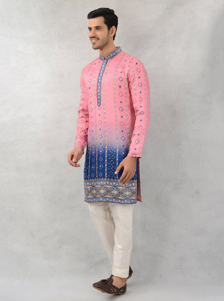 Celebrate in style with our luxurious pink silk printed kurta pajama, ideal for special occasions.