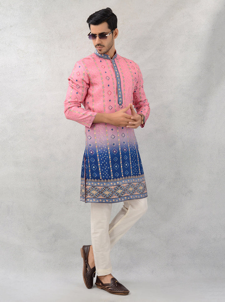 Discover the charm of our pink silk printed kurta pajama, tailored for modern elegance.