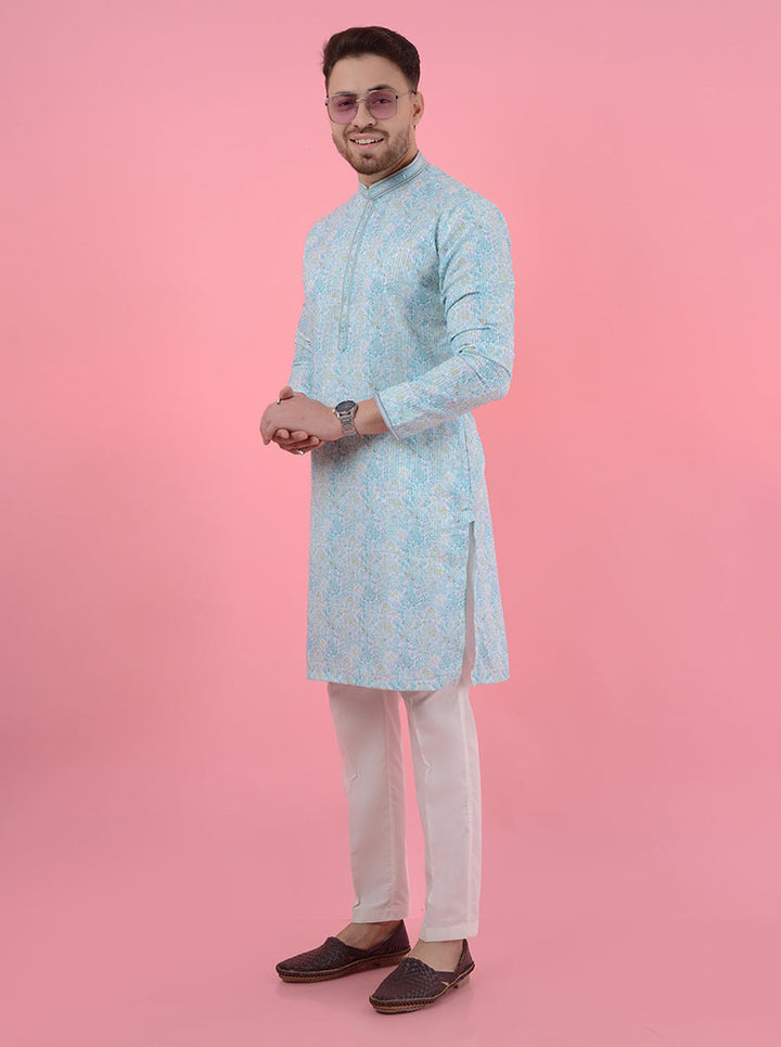 Men's sky blue silk blend kurta pajama set, featuring resham and sequins work for traditional events.