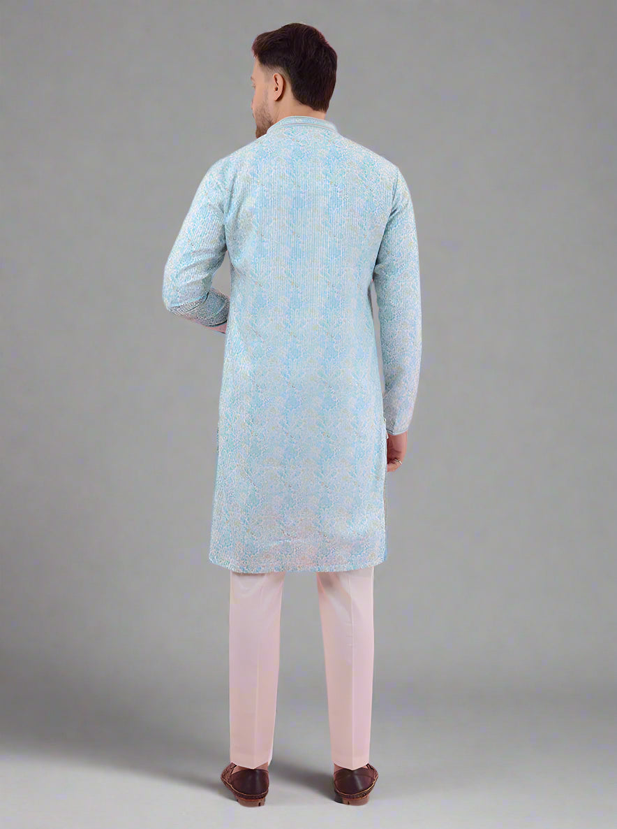 Sky blue silk blend kurta pajama with resham & sequins embroidery, designed for festive occasions.