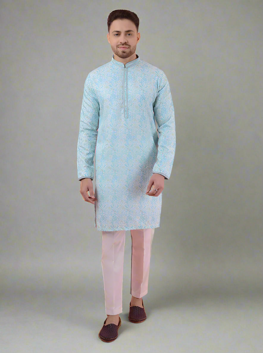 Traditional sky blue silk blend kurta pajama, featuring intricate resham and sequins embroidery.