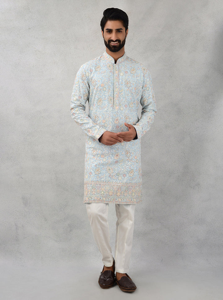 USA men’s sky blue kurta pajama with resham & sequin embroidery