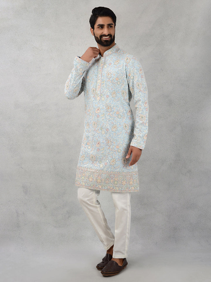 Sky blue georgette kurta pajama, embroidered for USA mehndi events