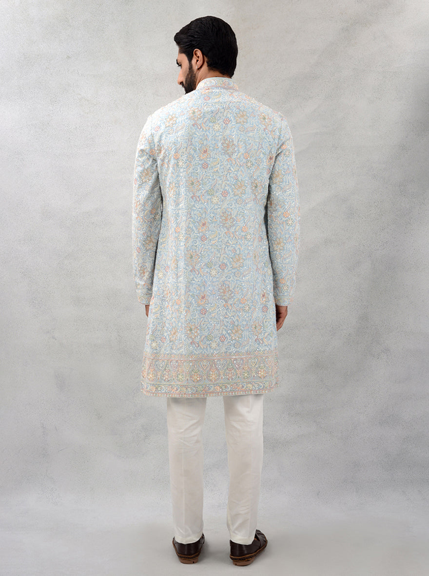 Festive sky blue kurta pajama with sequins, USA traditional attire