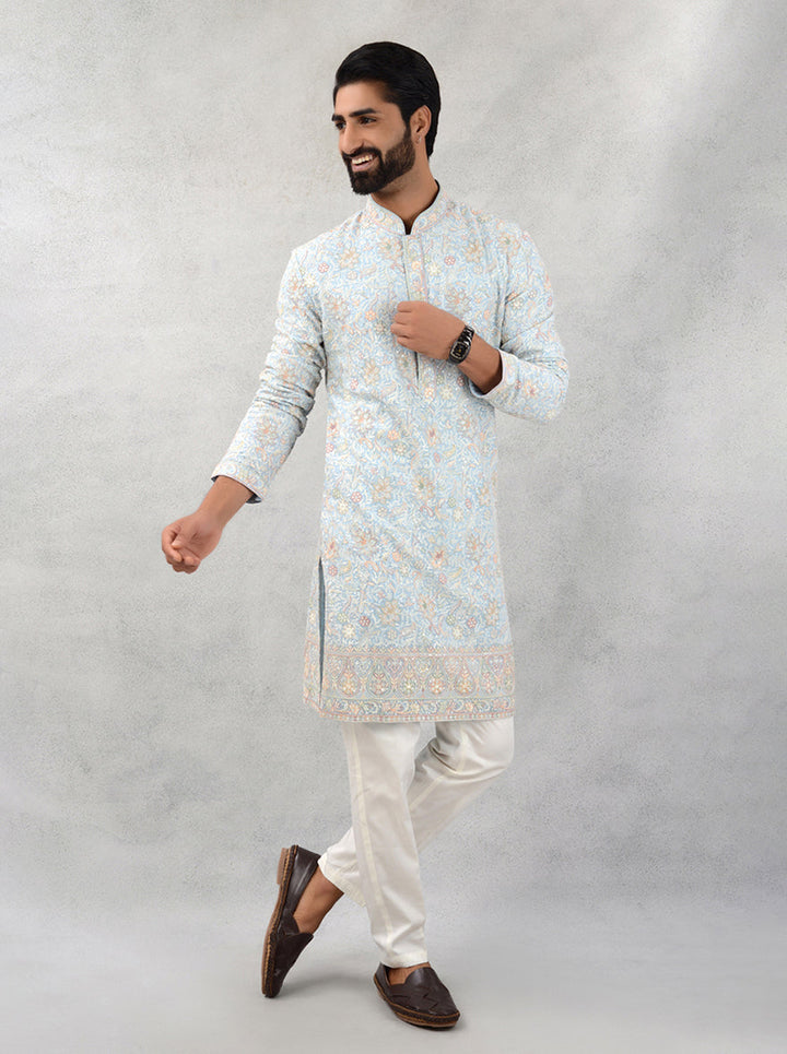 Men’s sky blue georgette kurta pajama with embroidery, ideal for USA