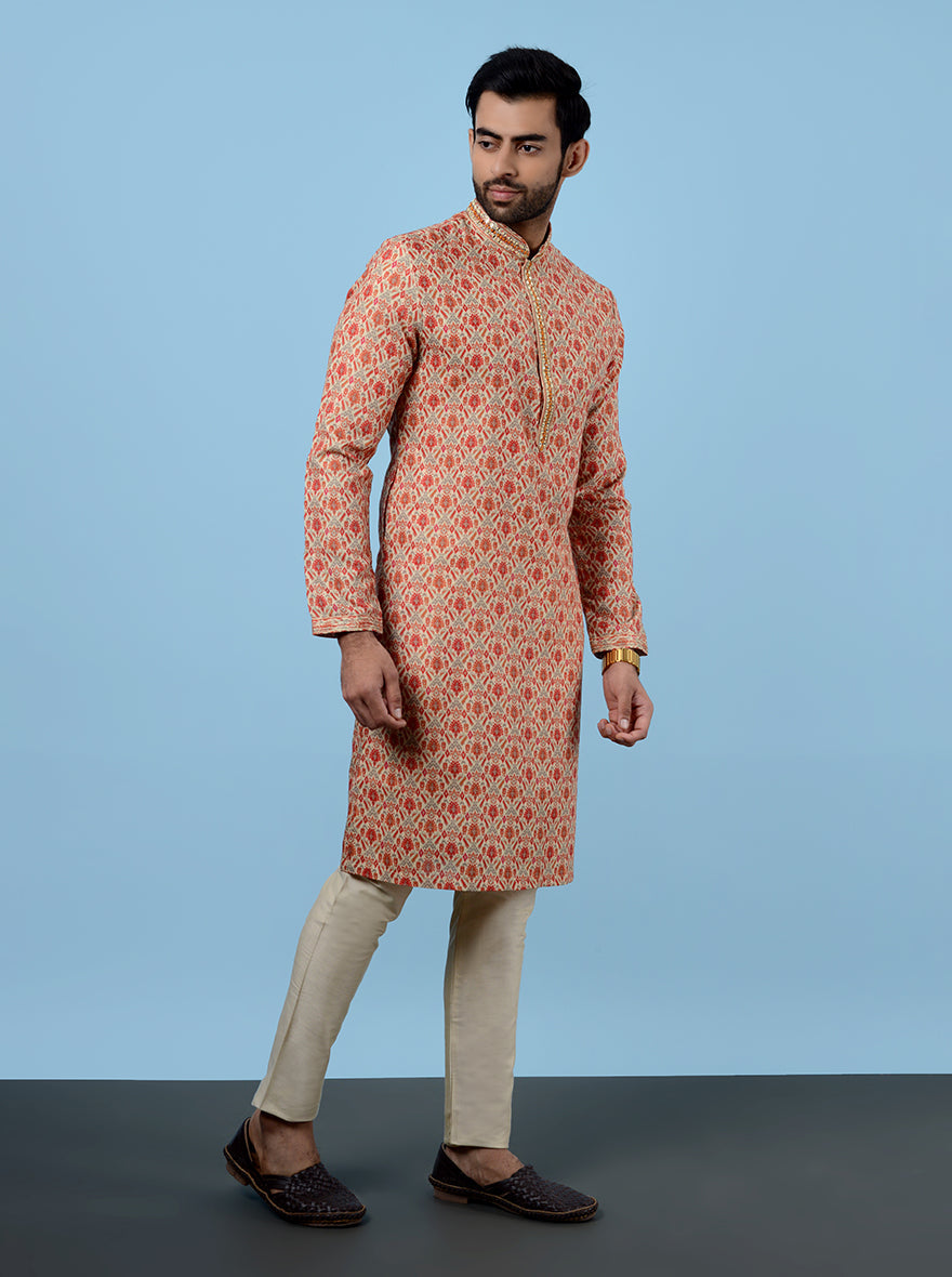 Perfect for gatherings, this Beige & Red Kurta Pajama enhances any look.