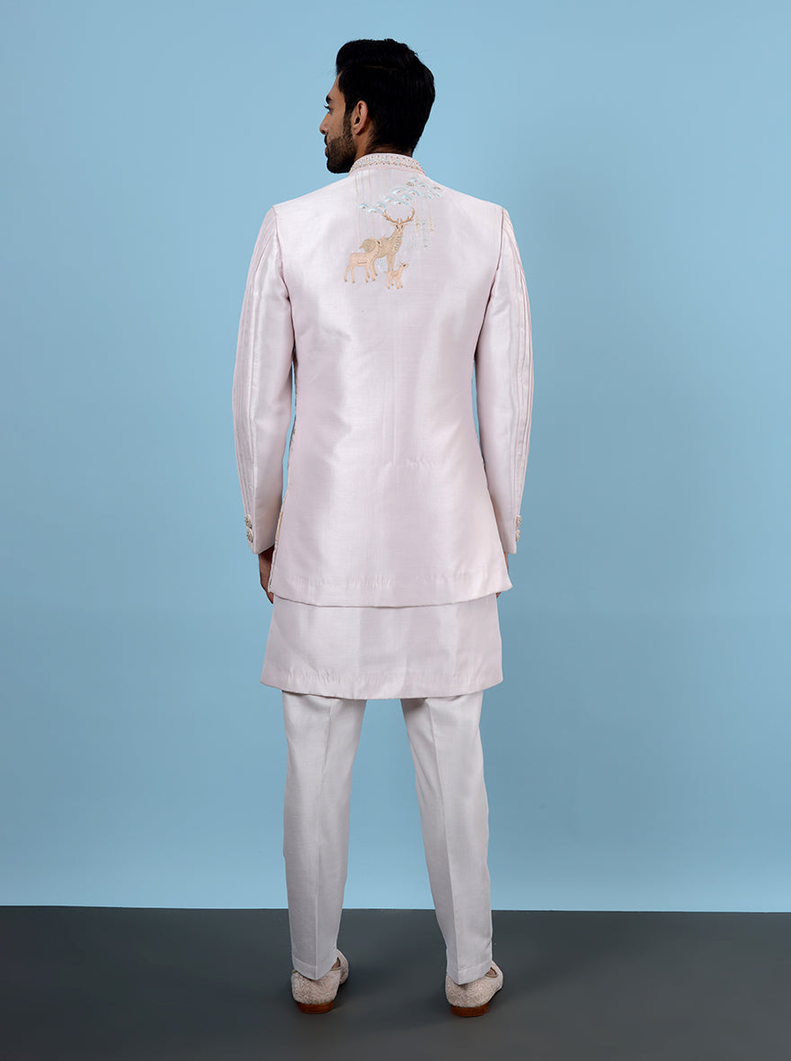 Elevate your fashion game with this Pink Indowestern, featuring luxurious Silk Blend and beautiful Resham and bead detailing, making it a standout choice for any celebration.