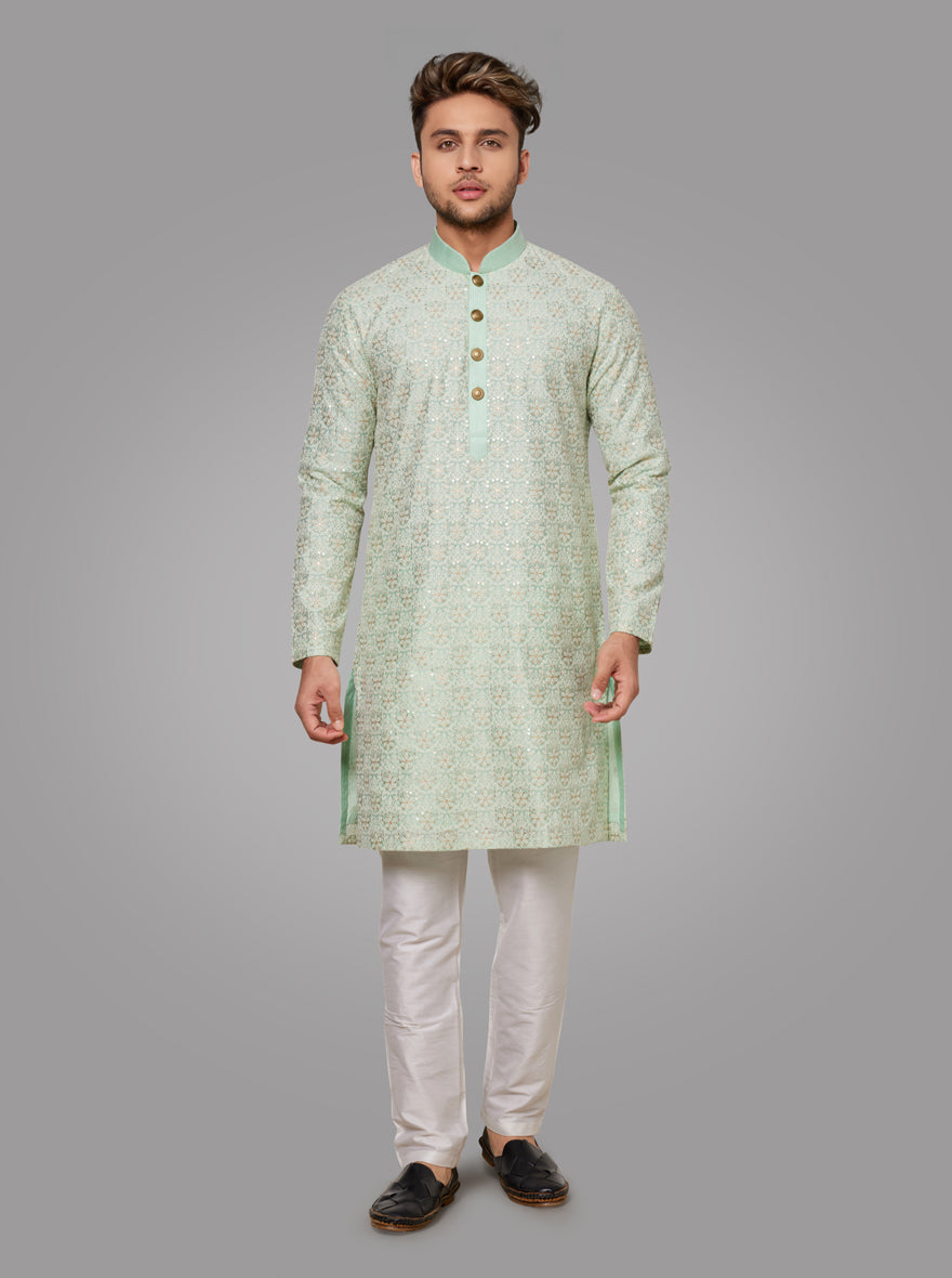 Elegant Pista-Green Kurta Set for Men  Traditional Silk Blend Kurta