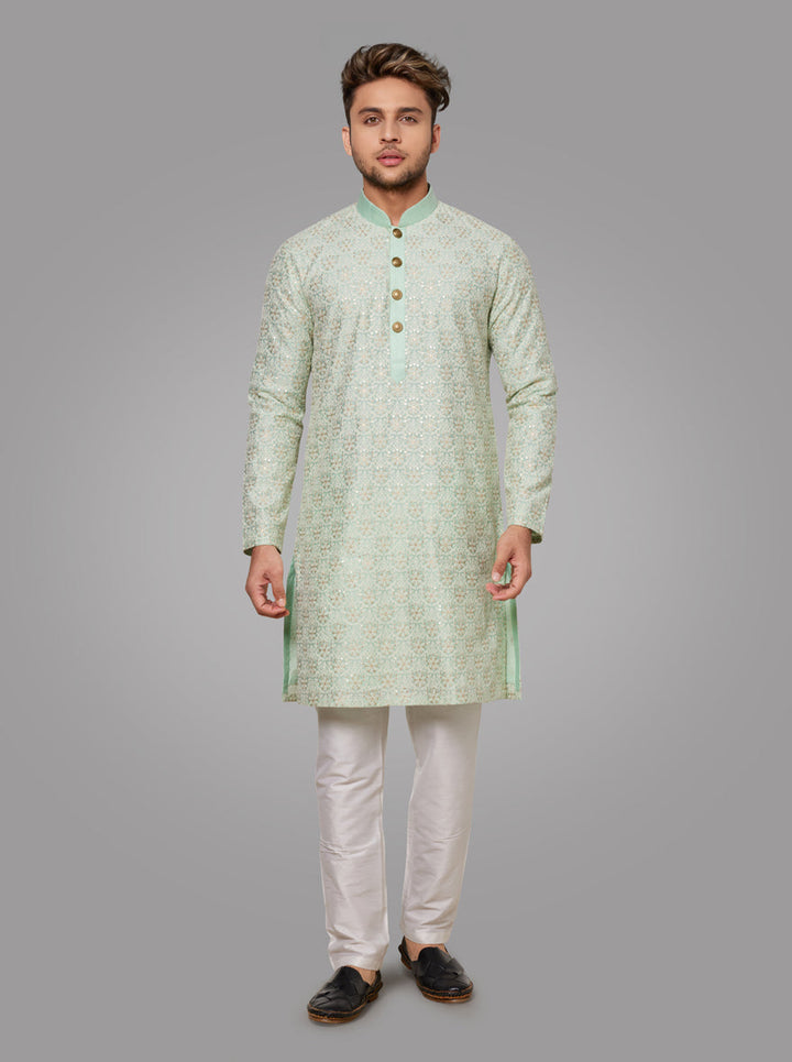 Elegant Pista-Green Kurta Set for Men  Traditional Silk Blend Kurta