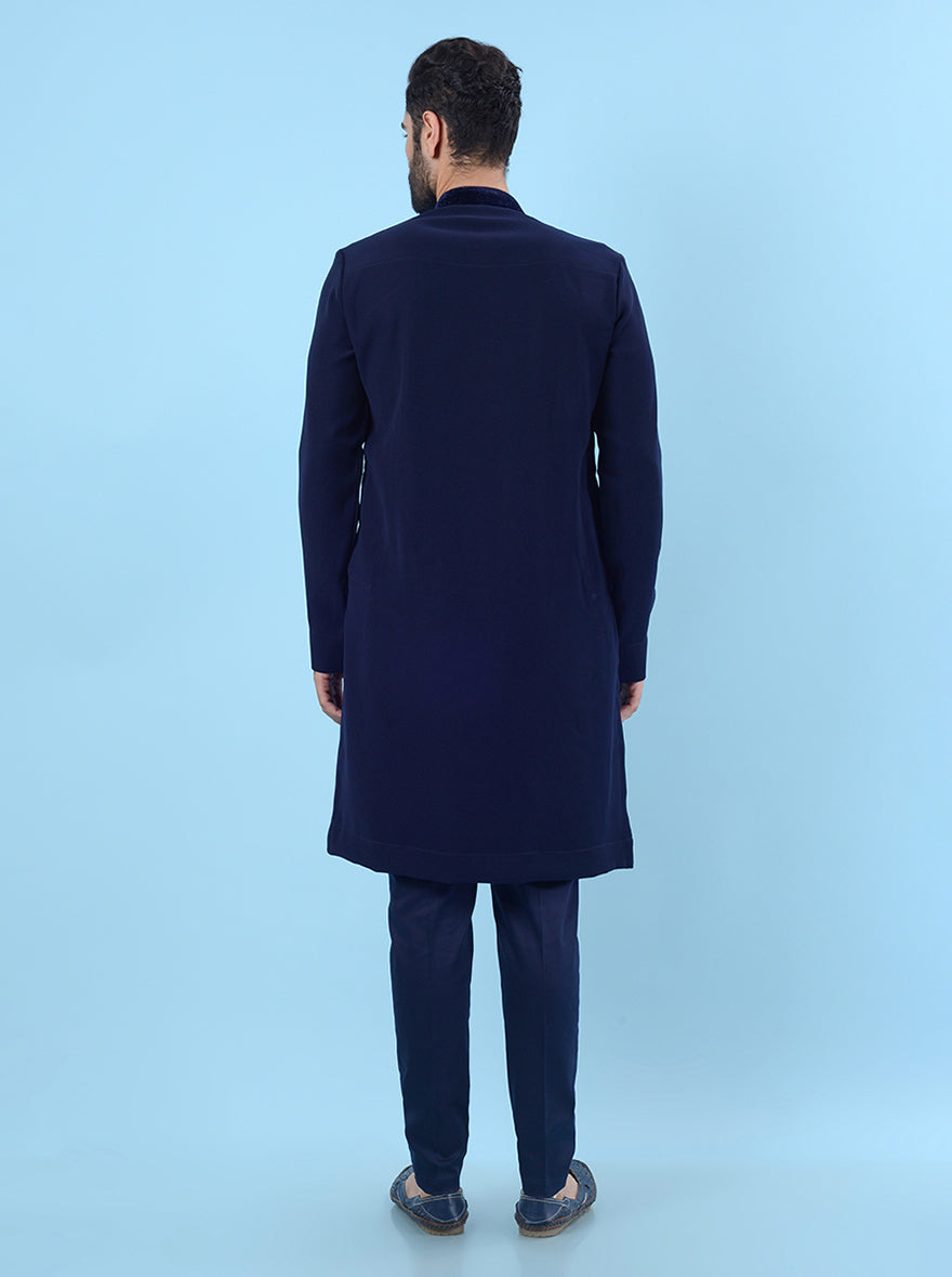 Stylish blue velvet kurta pajama for men, ideal for weddings and festive occasions.