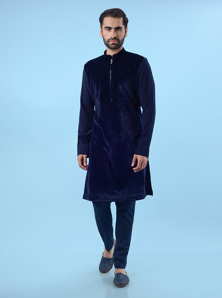 Men's blue velvet kurta pajama, perfect for cultural events and traditional celebrations.