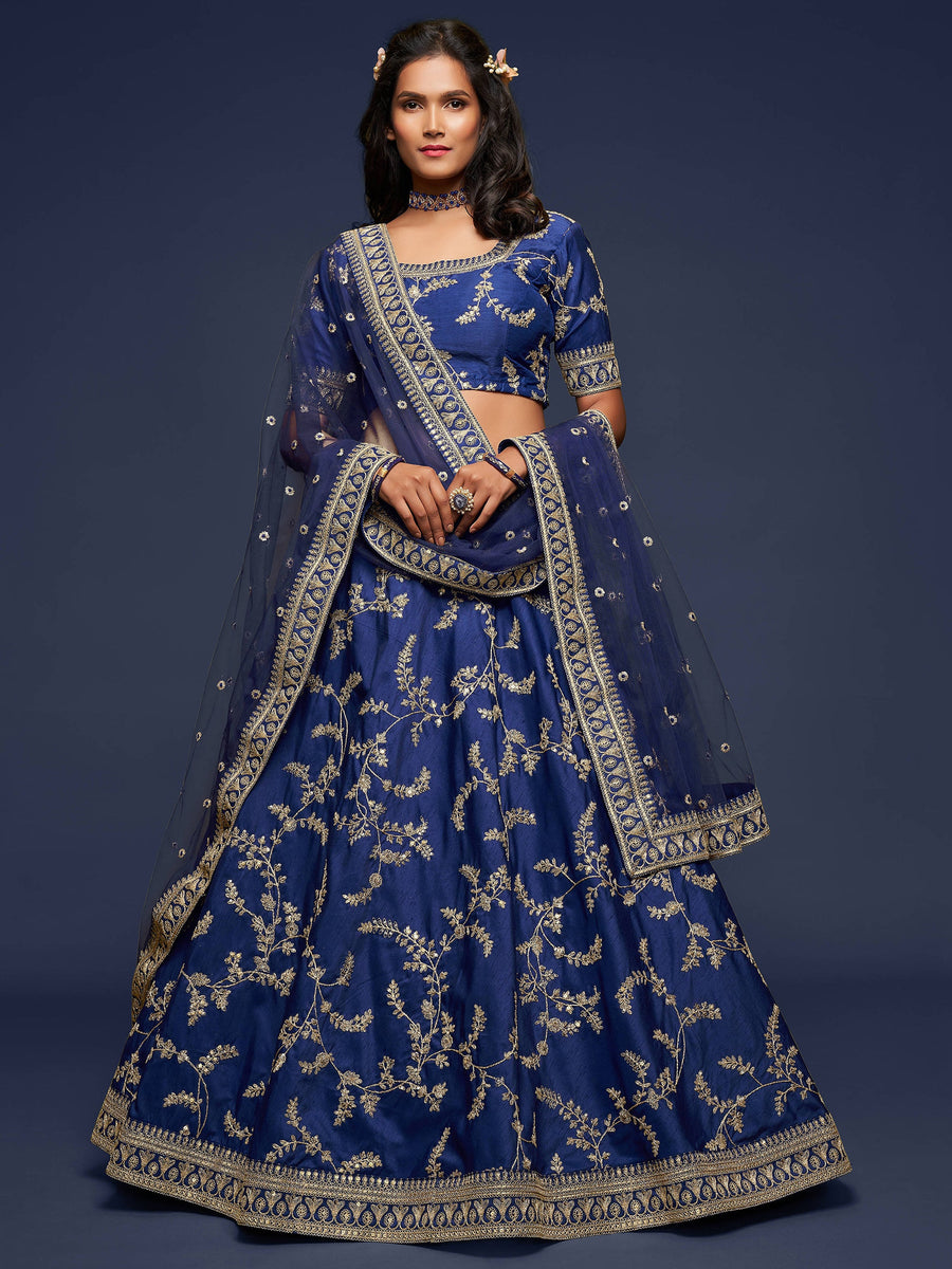 Blue art silk lehenga with thread and zari embroidery for weddings.