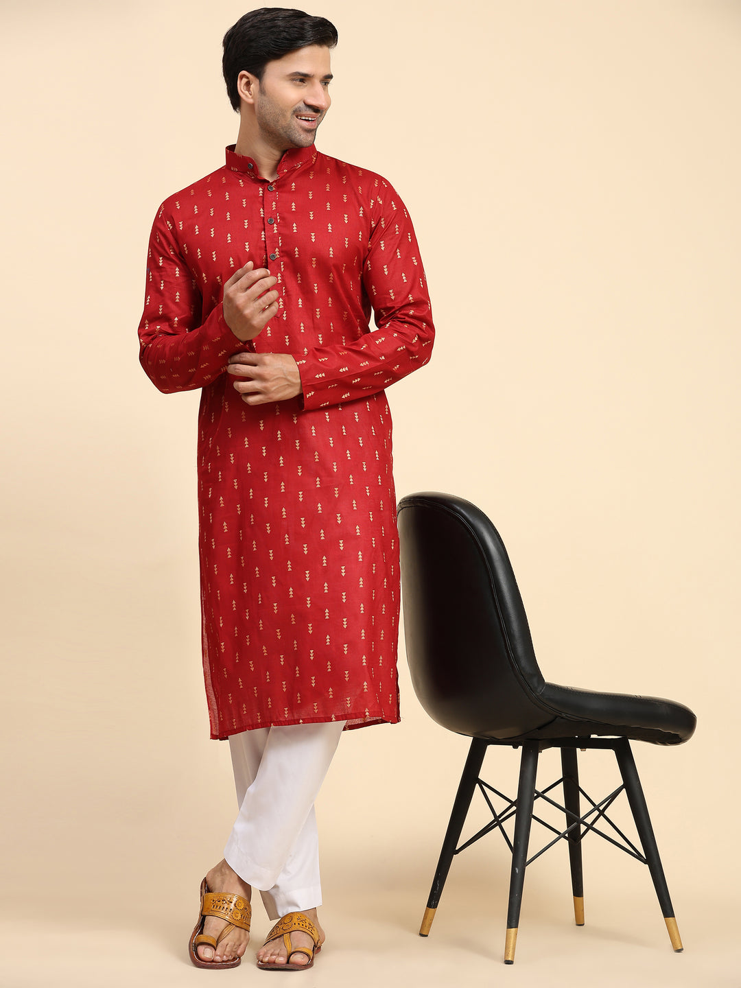 Ethnic red cotton kurta set for men with handwoven motifs and art silk.