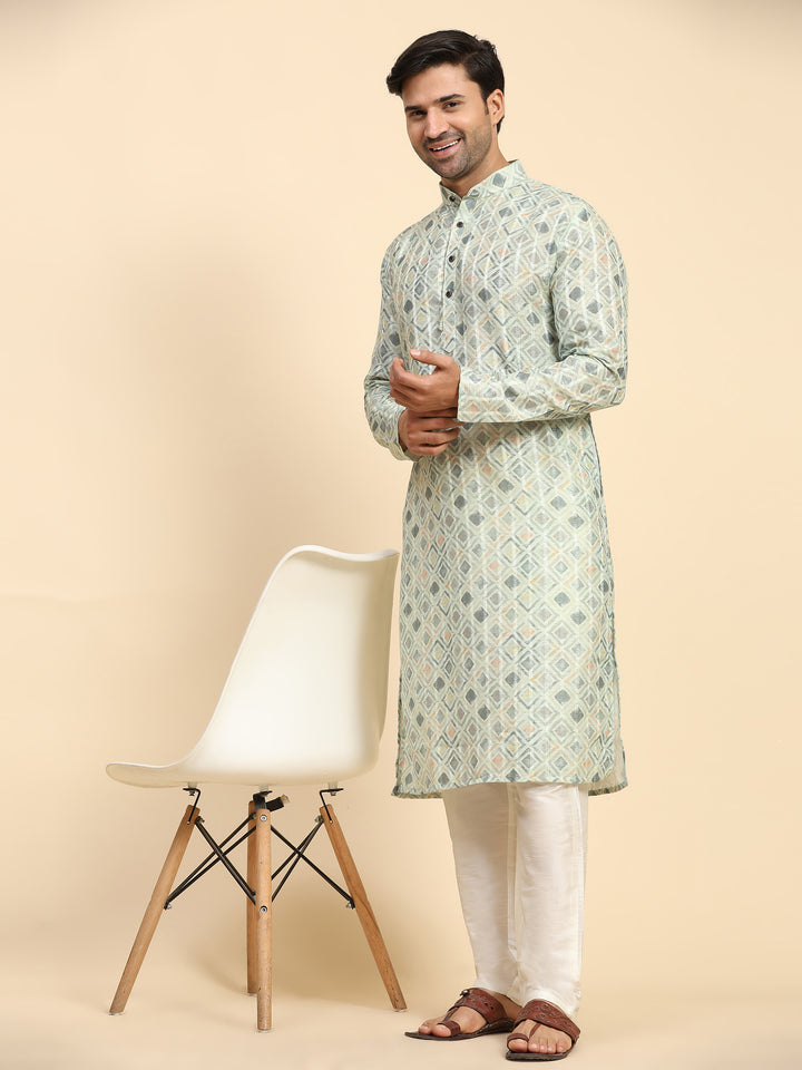 Meadow Melody light green kurta set for men, perfect for festive occasions.