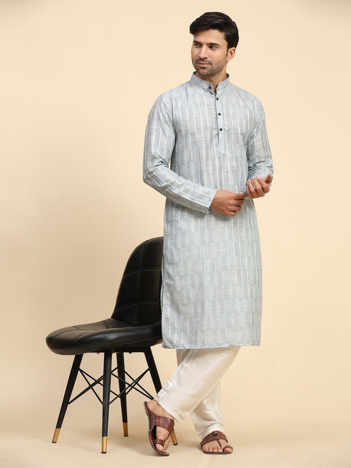 Stylish light-grey kurta for men with digital print, paired with art silk pyjama.