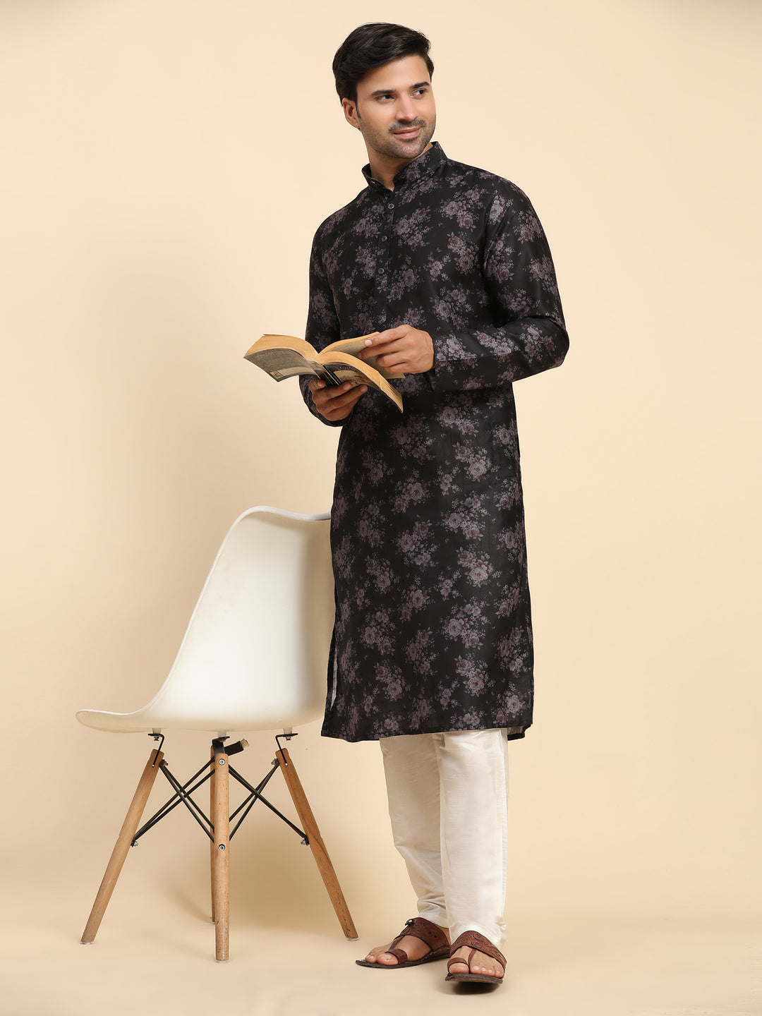 Black Midnight Blossom kurta set for men with floral digital print, perfect for special events and Sangeet.