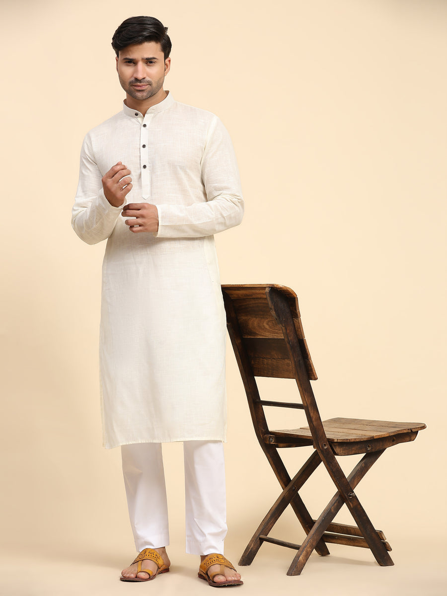 Off-white kurta pajama for men with intricate weaved motifs and cream pajama