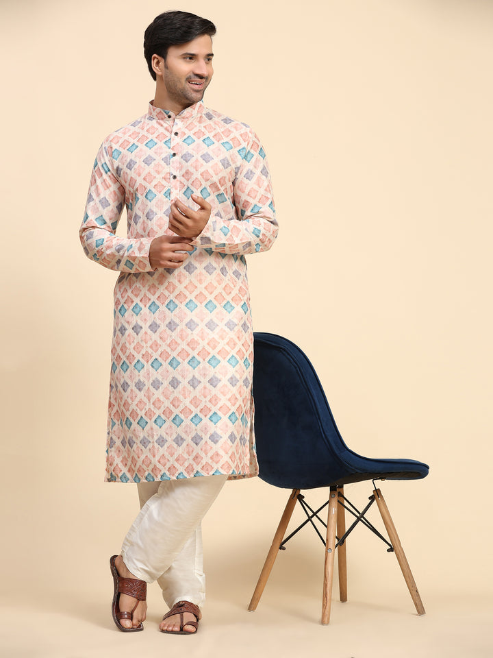 Traditional multi-color kurta set for men with a lively digital print, great for festivals.