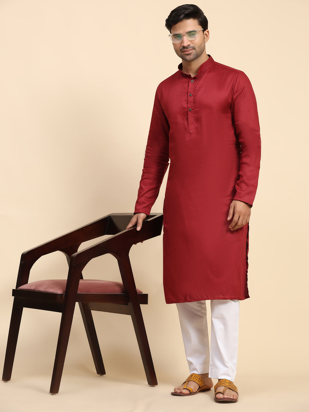 Men’s premium maroon kurta set with luxurious embroidery and silk pyjama.