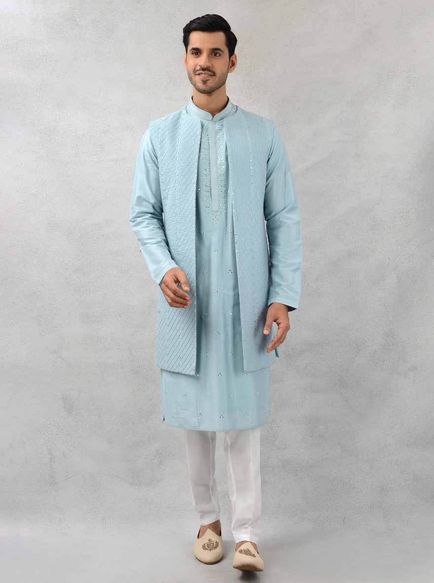 Celebrate in style with this sea blue kurta set for special occasions.