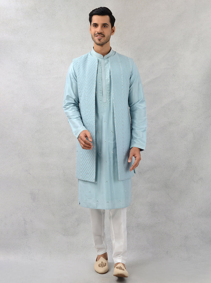 Celebrate in style with this sea blue kurta set for special occasions.