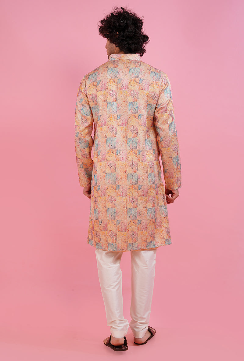 Premium cream silk blend kurta pajama set for men with printed design for cultural events.