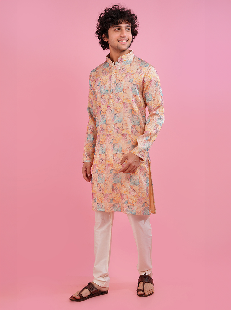 Men’s cream printed kurta pajama set, crafted from silk blend for elegant and comfortable wear.