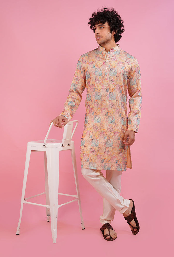 Men’s printed cream kurta pajama set, ideal for weddings, parties, and festive gatherings.