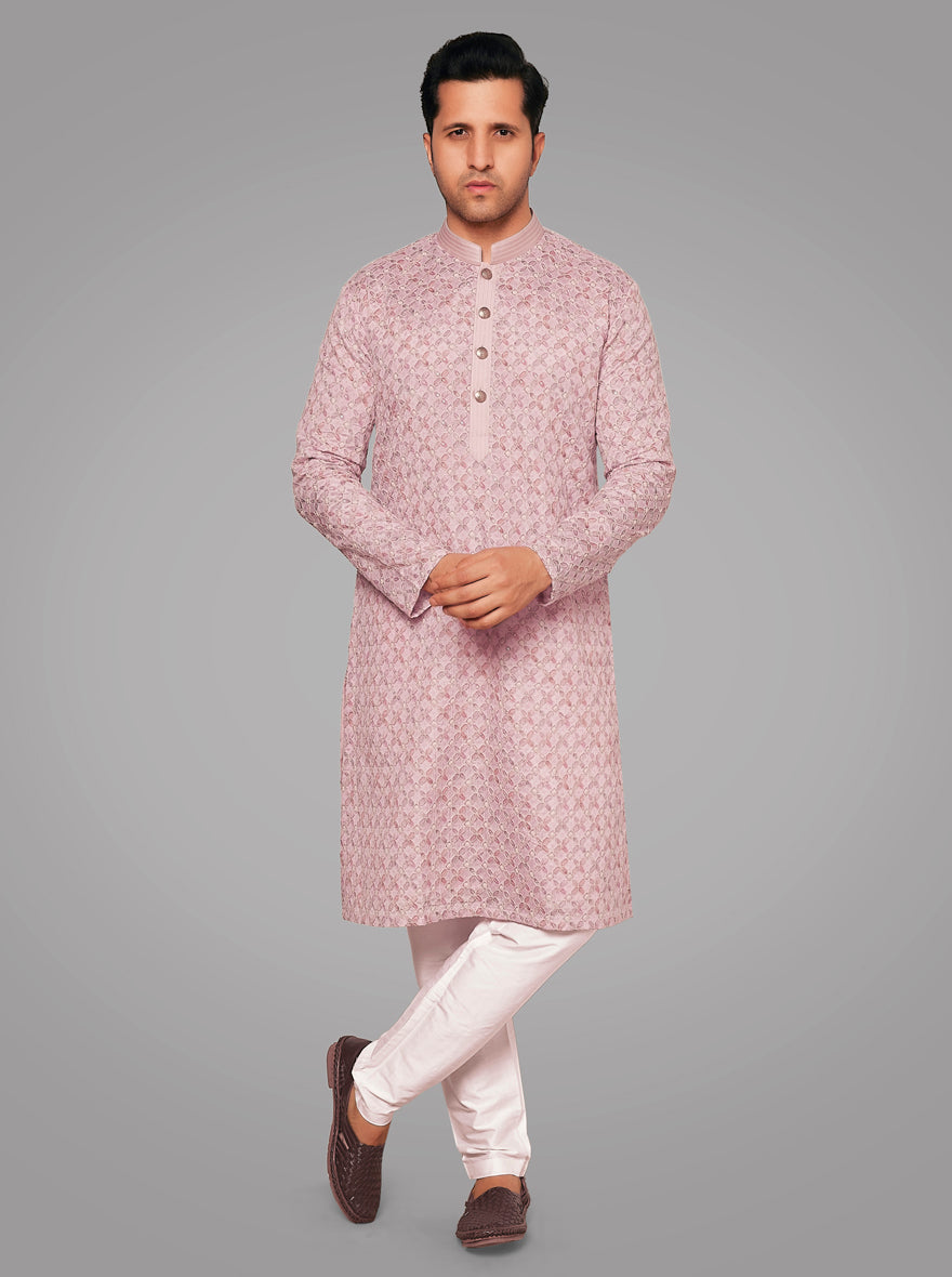 Elegant pink and violet kurta set featuring beautiful embroidery, designed for celebrations and traditional events in the USA.