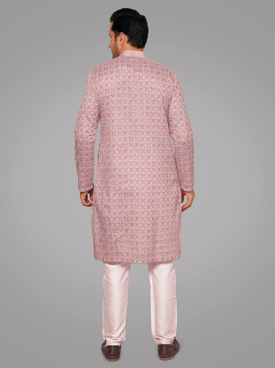 Men’s Pink & Violet Silk Blend Kurta Pajama Set, featuring elegant embroidery.