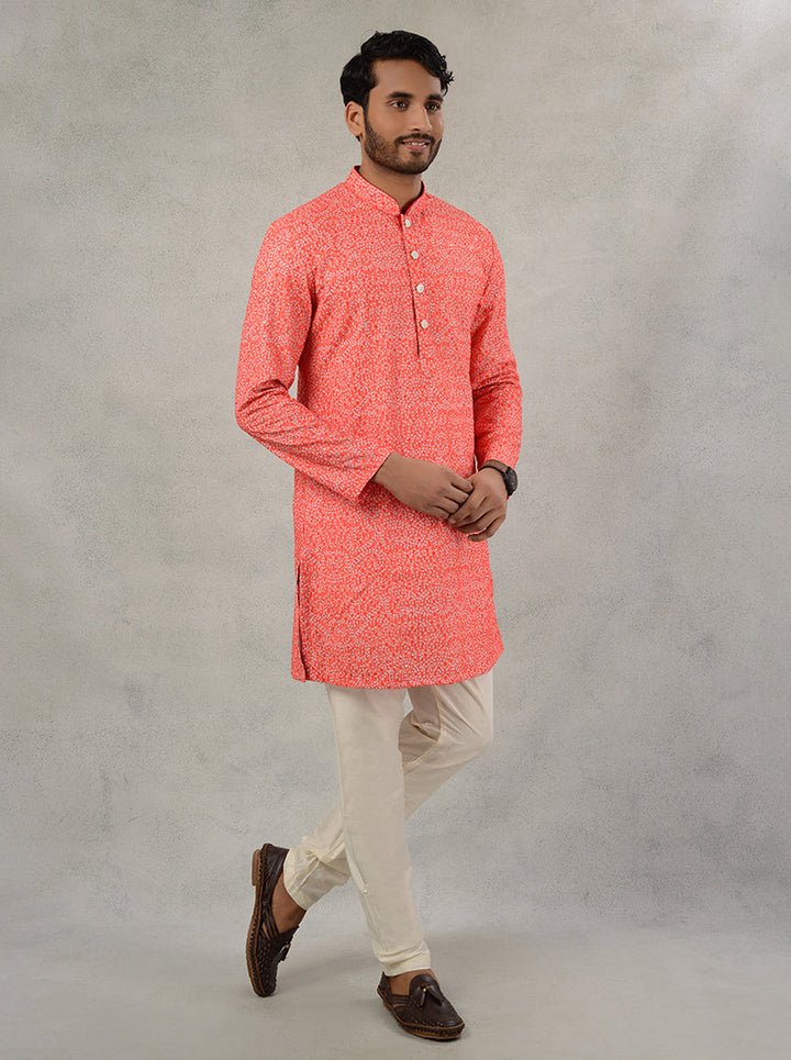 Men's silk blend kurta pajama with classic straight cut and thread work.