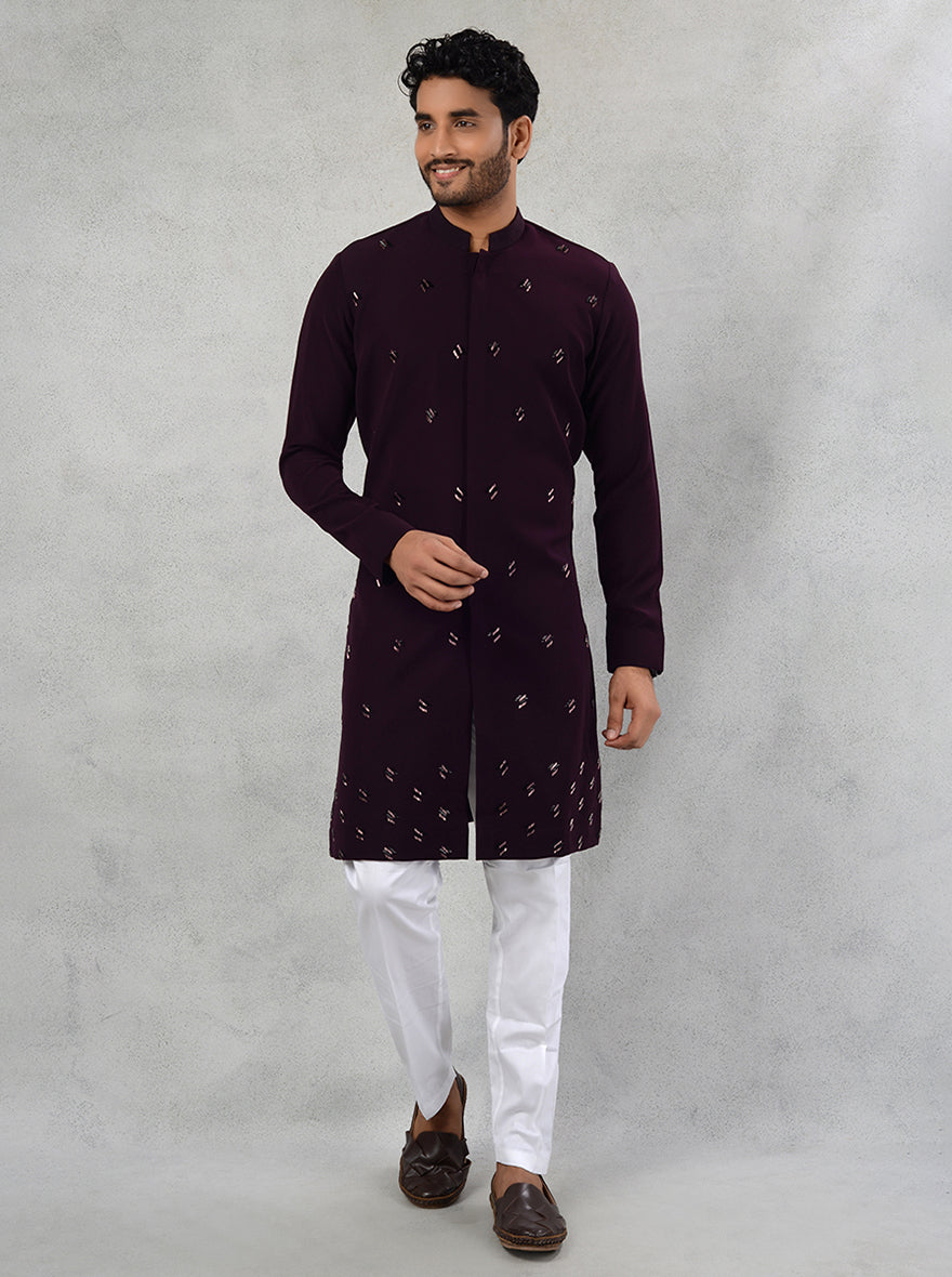 Stylish Wine Sun Silk Ethnic Kurta Pajama for men with thread embroidery.